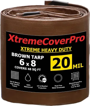 6' x 8' Brown Super Ultra Heavy-Duty Tarp – 20 Mil Waterproof & UV-Resistant 6x8 - Large Outdoor Tarp, Waterproof Cover for Rain Camping, Tent, UV Protection, Reinforced Corners