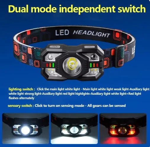 60000lm Smart IR Motion Sensor Headlamp White Red Headlight Warning Light Waterproof Head Lamp Induction Fishing Headlamp