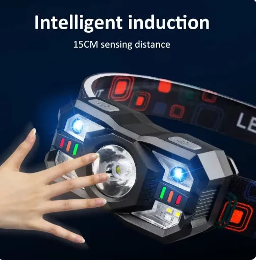 60000lm Smart IR Motion Sensor Headlamp White Red Headlight Warning Light Waterproof Head Lamp Induction Fishing Headlamp