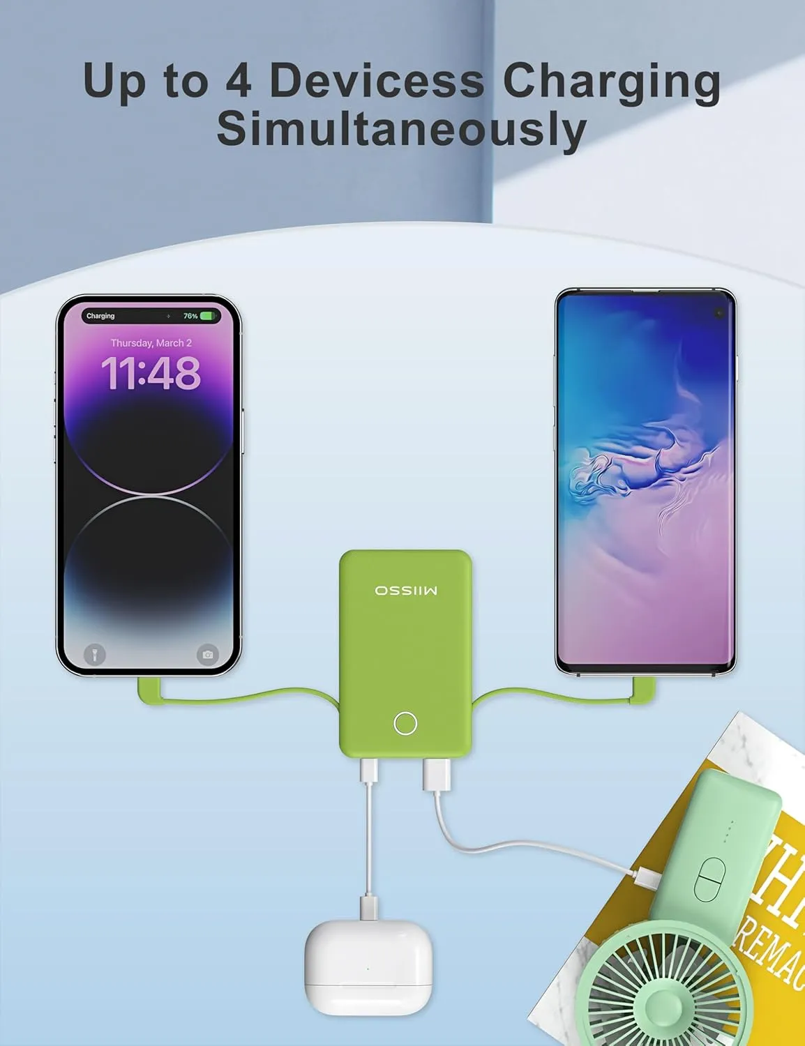 6000mah Ultra Slim Built in Cables Power Bank, Card Size Built in USB C Cords Battery Pack Portable Charger for Phones, 3 Output External Battery Pack Compatible with iPhone, Samsung, Google, Green