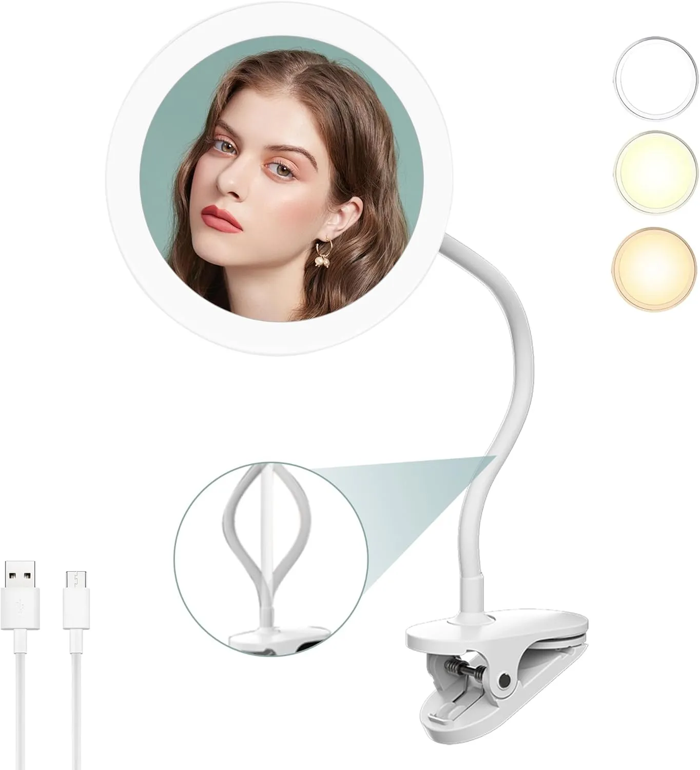 6.5" Clip On Gooseneck Makeup Vanity Mirror With Light, 2000mAh USB Lighted Travel Mirror, White 1X