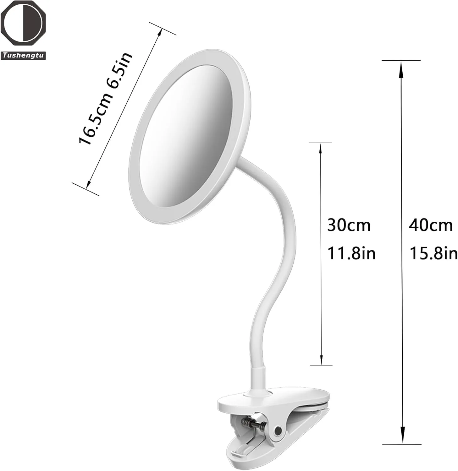 6.5" Clip On Gooseneck Makeup Vanity Mirror With Light, 2000mAh USB Lighted Travel Mirror, White 1X