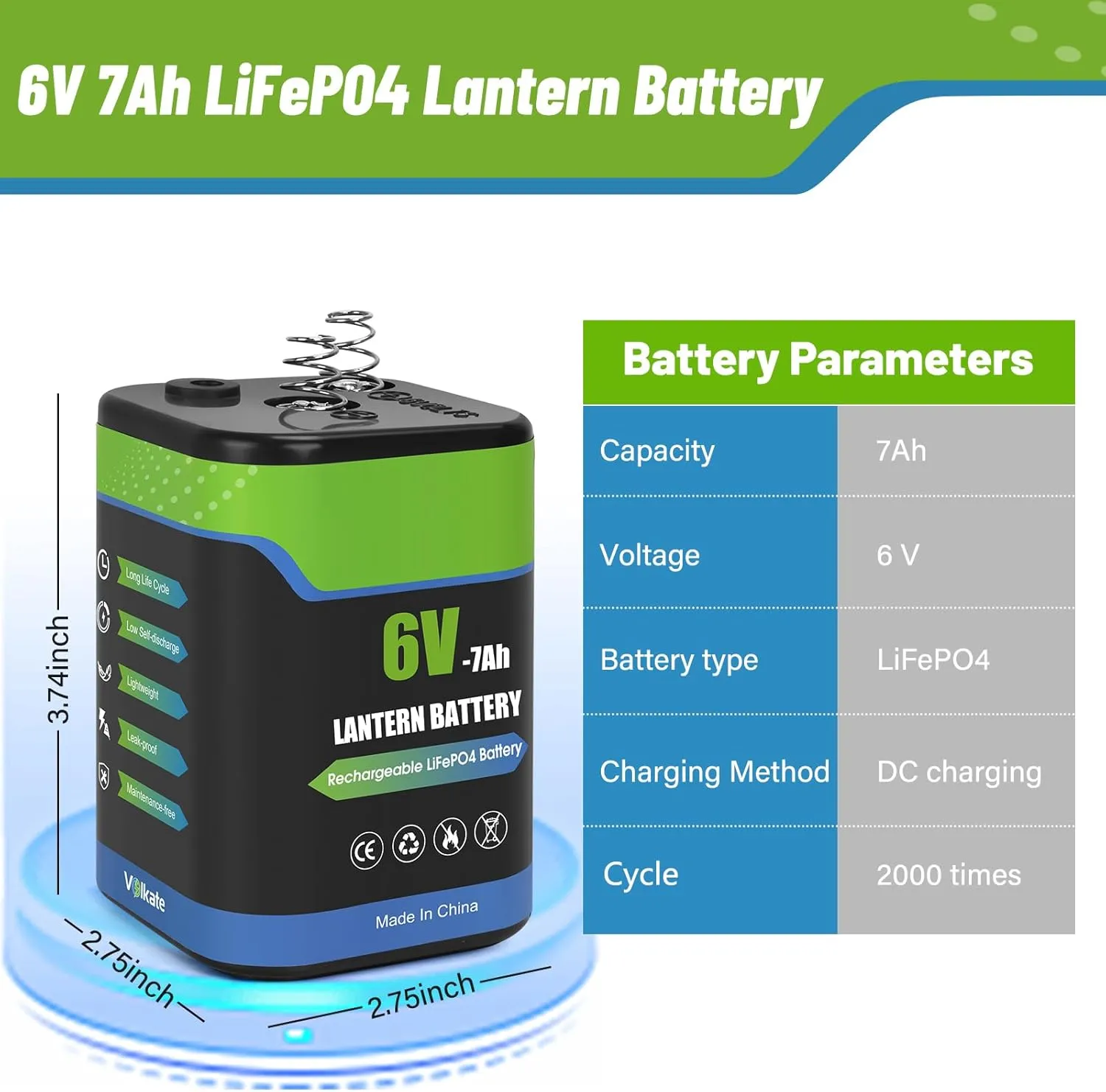 6V Lantern Battery, 6 Volt Rechargeable LiFePO4 Lithium 4R25 Battery with Charger, 1 Pack, with Long-lasting Power for Lantern, Flashlight, Emergency Light, Deer Game Feeder, Fencing (Spring Terminal)
