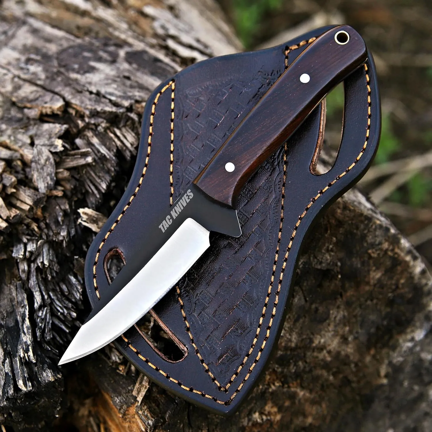 7" Fixed Blade EDC Knife with Sheath - Damascus Steel Hunting Knife - Full Tang - Bone Handle - Pancake Carry Leather Sheath Snug Fit (WOOD 302)