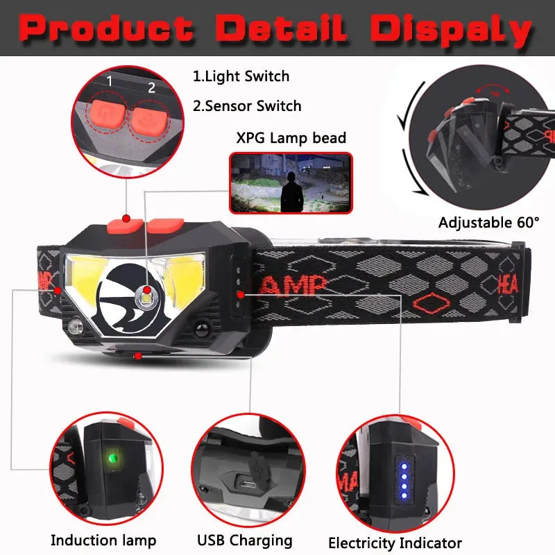 8 Modes Hand-Free Motion Sensor Powerful LED Headlight, COB Flashlight, USB Rechargeable, Waterproof, 180° Beam Angle for Camping and Fishing