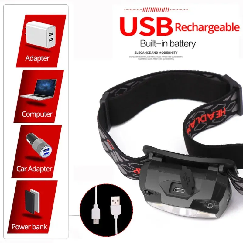 8 Modes Hand-Free Motion Sensor Powerful LED Headlight, COB Flashlight, USB Rechargeable, Waterproof, 180° Beam Angle for Camping and Fishing