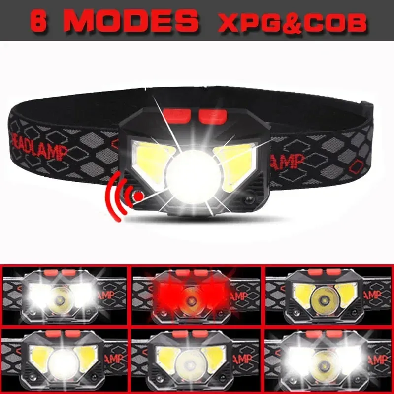 8 Modes Hand-Free Motion Sensor Powerful LED Headlight, COB Flashlight, USB Rechargeable, Waterproof, 180° Beam Angle for Camping and Fishing