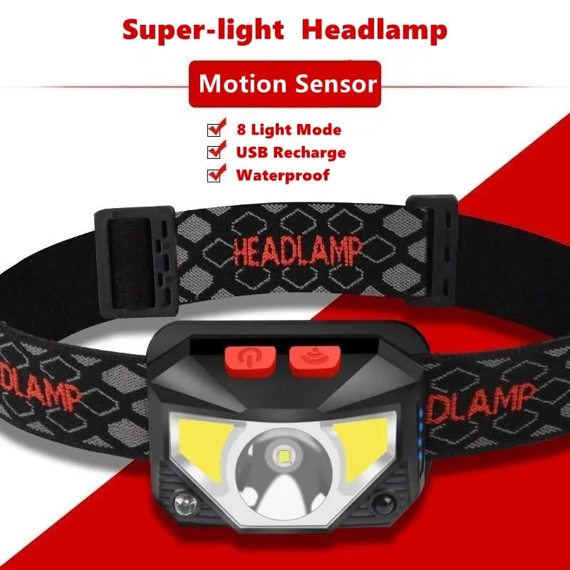 8 Modes Hand-Free Motion Sensor Powerful LED Headlight, COB Flashlight, USB Rechargeable, Waterproof, 180° Beam Angle for Camping and Fishing