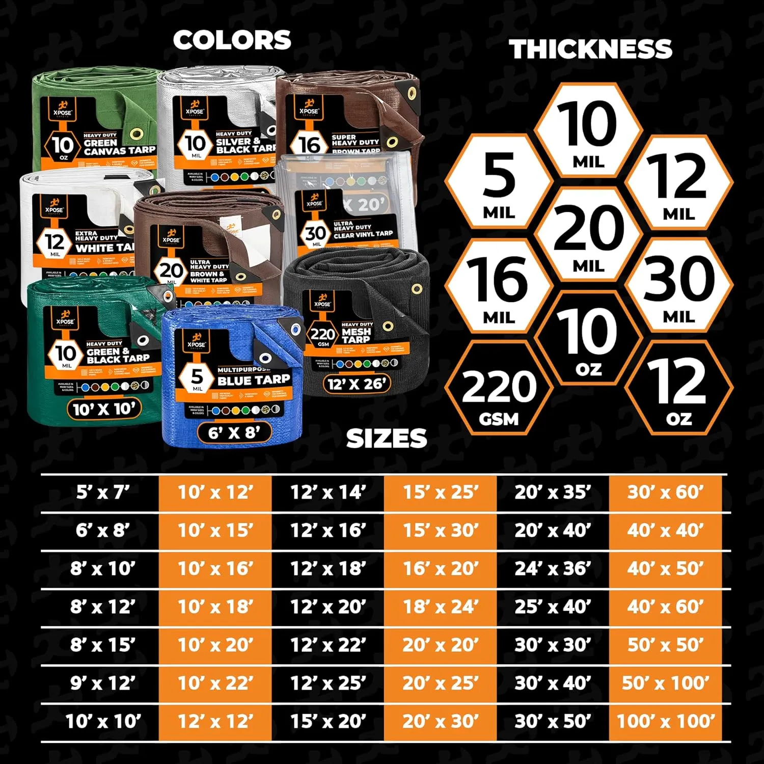 8' x 10' Super Heavy Duty 16 Mil Brown Poly Tarp Cover - Thick Waterproof, UV Resistant, Rip and Tear Proof Tarpaulin with Grommets and Reinforced Edges - by Xpose Safety