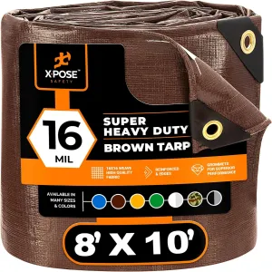 8' x 10' Super Heavy Duty 16 Mil Brown Poly Tarp Cover - Thick Waterproof, UV Resistant, Rip and Tear Proof Tarpaulin with Grommets and Reinforced Edges - by Xpose Safety