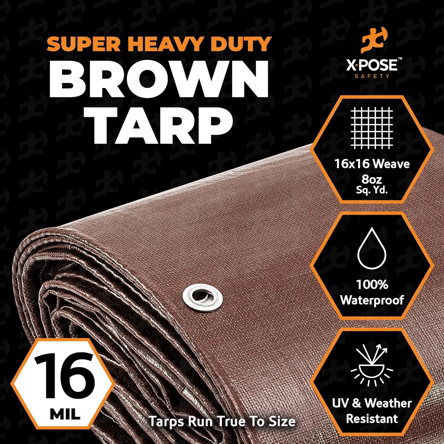 8' x 10' Super Heavy Duty 16 Mil Brown Poly Tarp Cover - Thick Waterproof, UV Resistant, Rip and Tear Proof Tarpaulin with Grommets and Reinforced Edges - by Xpose Safety