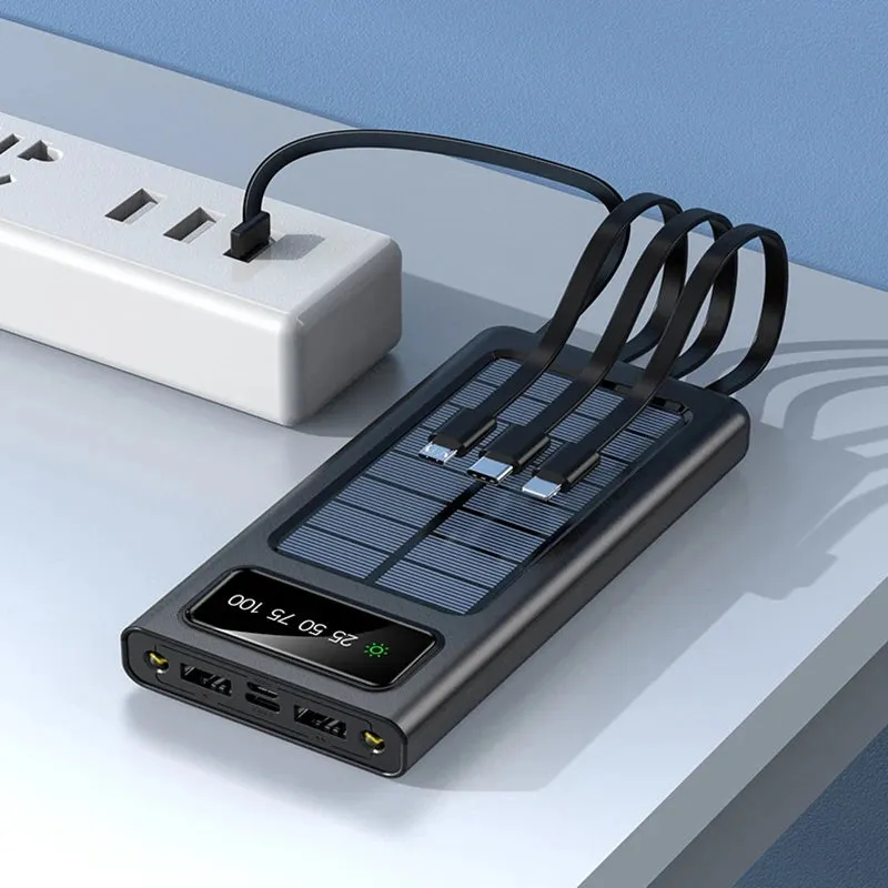 80000mAh Top Solar Charger Power Bank - Portable Solar Power Source with Built-in Cables, 2 USB Ports, and LED Light