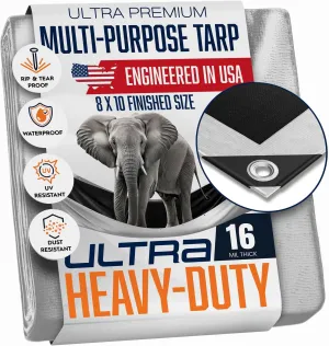 8x10 Ultra Heavy Duty Tarp, Extra Thick 16 Mil, UV Resistant, Grommets Every 18 Inches - Waterproof Plastic Poly Tarpaulin - (Reversible, Silver and Black) (8' x 10 Feet')