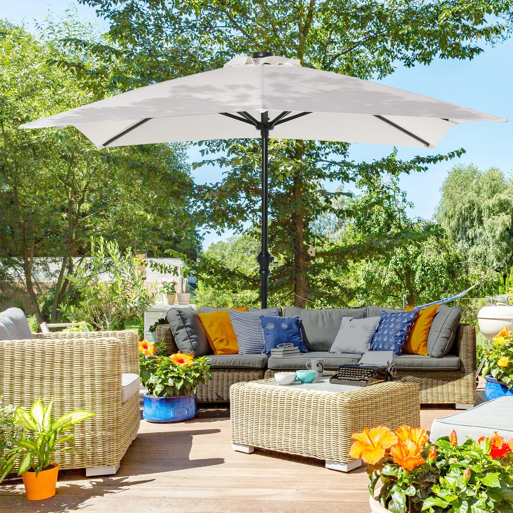 9' x 7' Patio Umbrella with Crank, Solar LED Lights, 45?? Tilt, Push-Button Operation, White