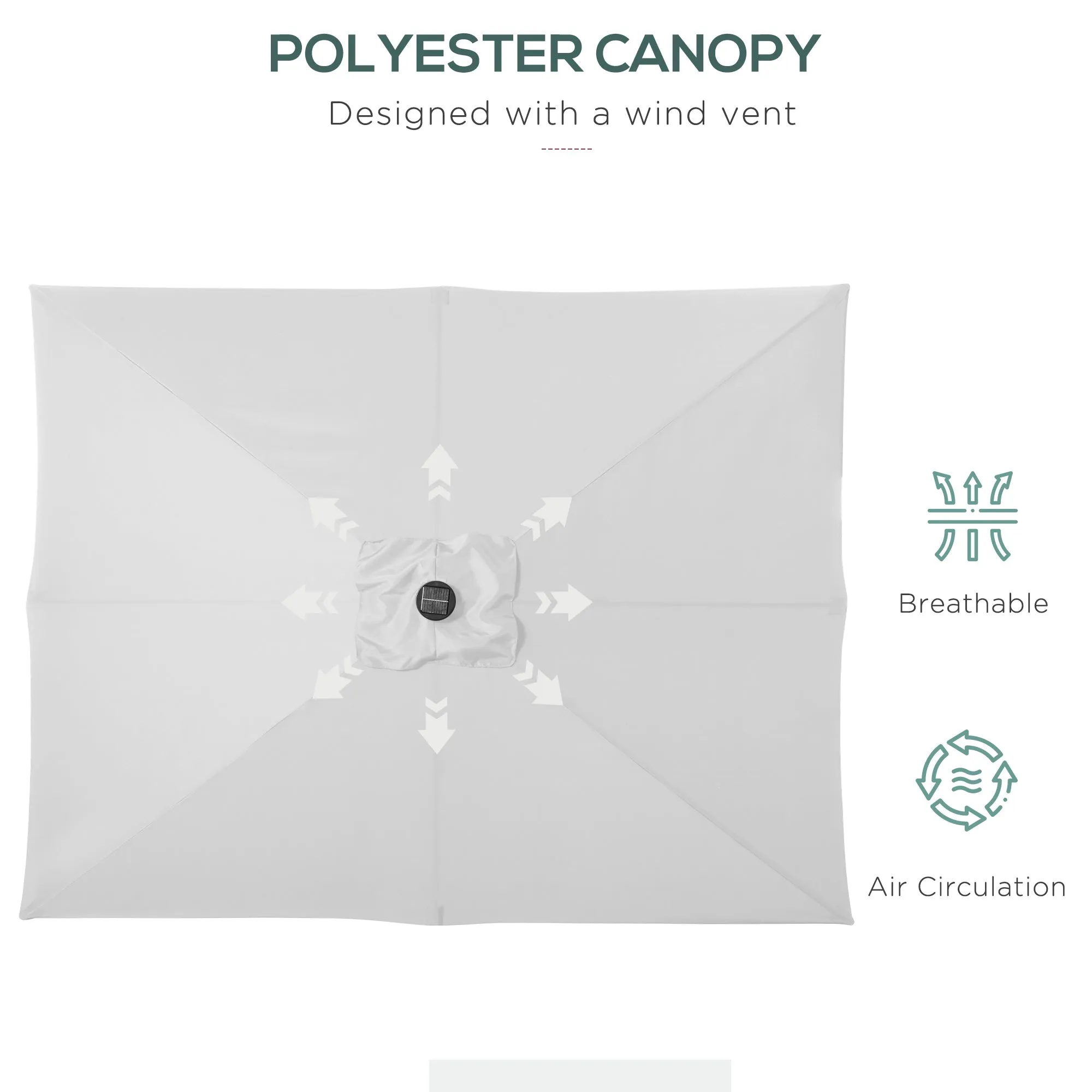 9' x 7' Patio Umbrella with Crank, Solar LED Lights, 45?? Tilt, Push-Button Operation, White