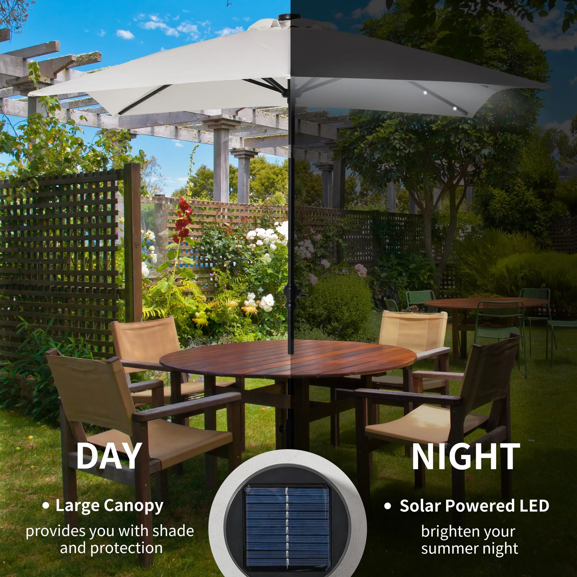9' x 7' Patio Umbrella with Crank, Solar LED Lights, 45?? Tilt, Push-Button Operation, White