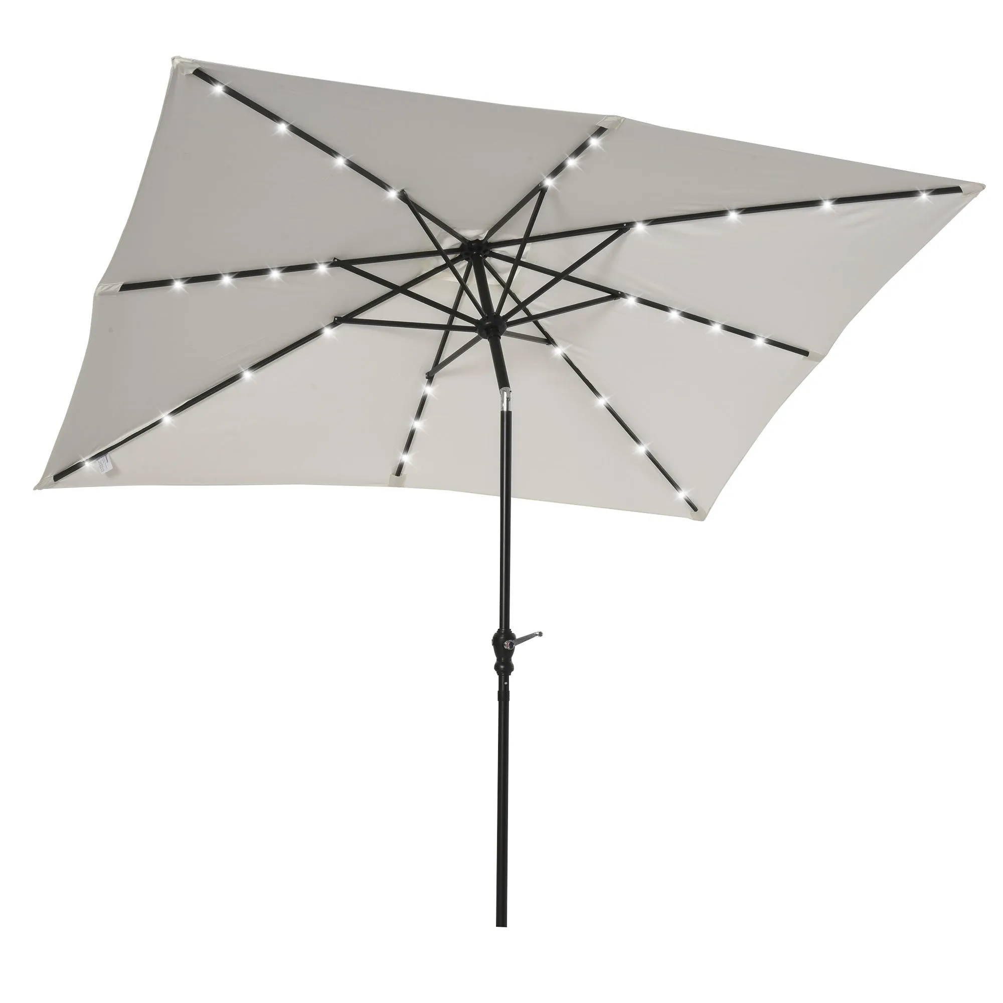 9' x 7' Patio Umbrella with Crank, Solar LED Lights, 45?? Tilt, Push-Button Operation, White