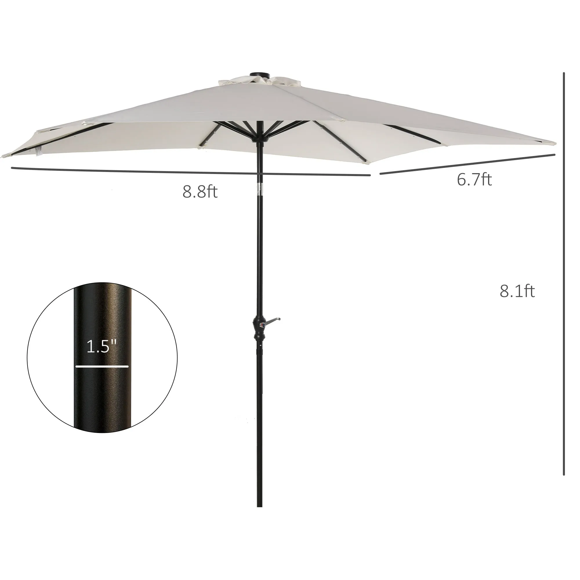9' x 7' Patio Umbrella with Crank, Solar LED Lights, 45?? Tilt, Push-Button Operation, White
