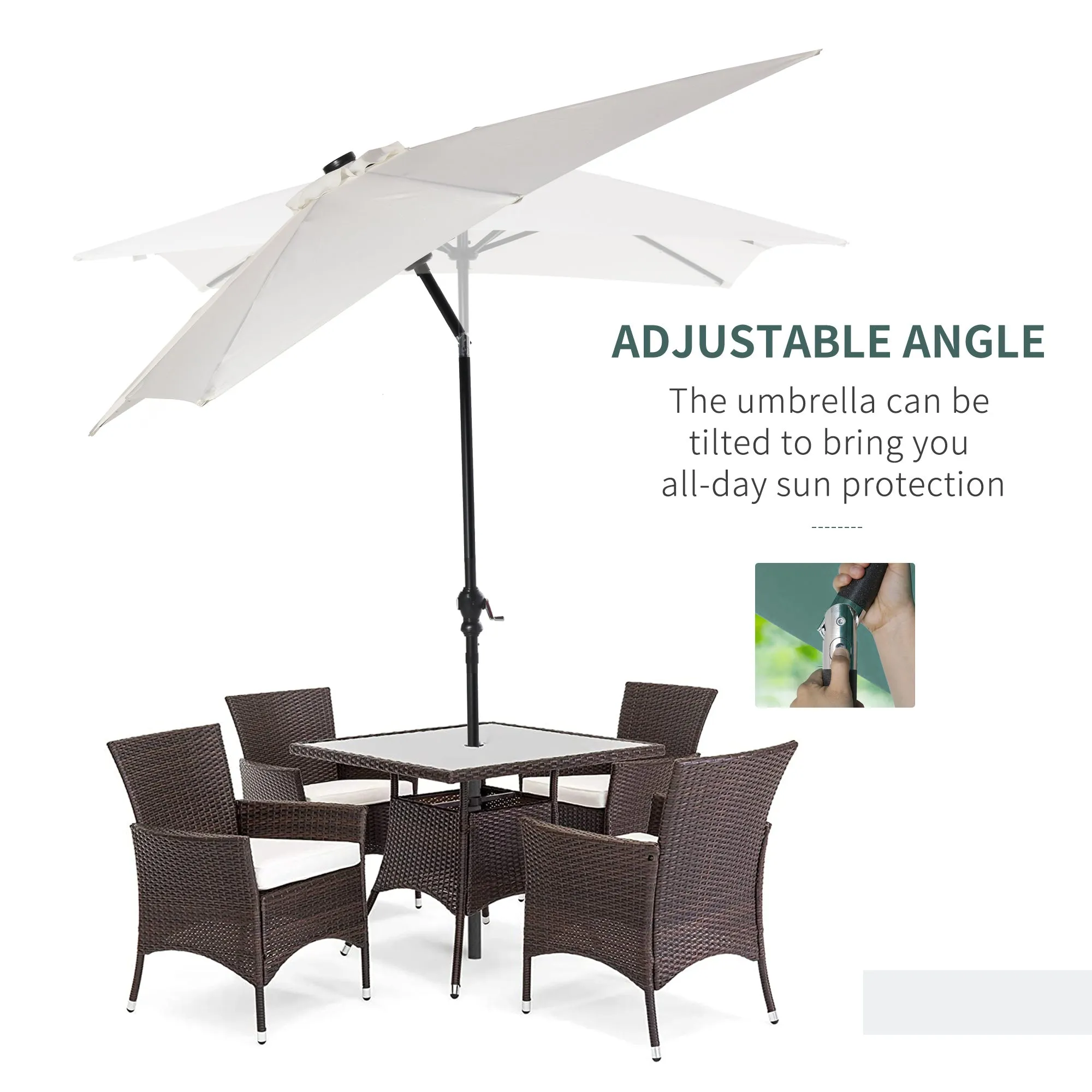 9' x 7' Patio Umbrella with Crank, Solar LED Lights, 45?? Tilt, Push-Button Operation, White