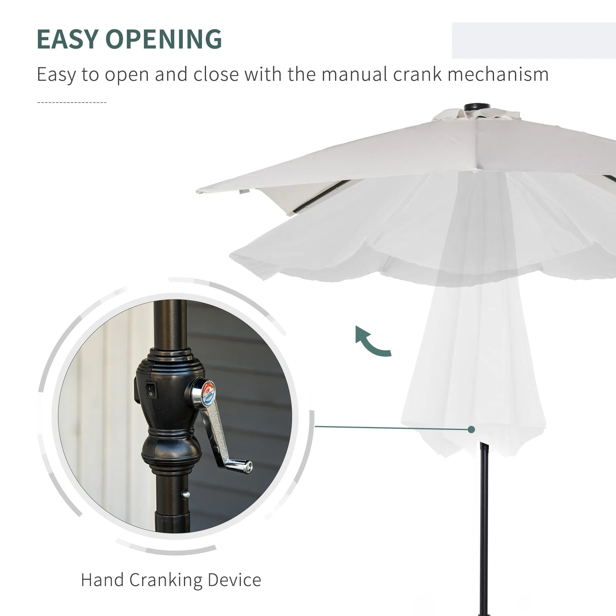 9' x 7' Patio Umbrella with Crank, Solar LED Lights, 45?? Tilt, Push-Button Operation, White