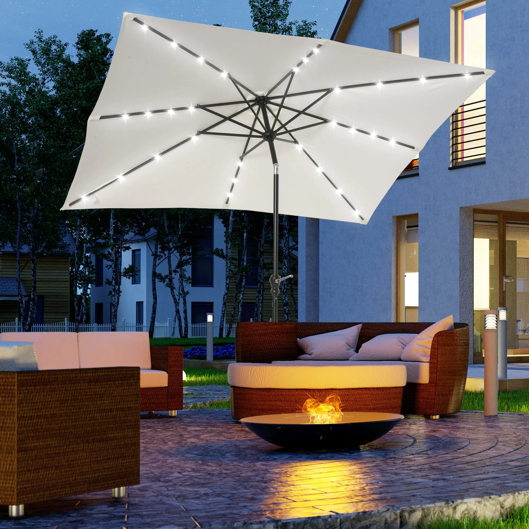 9' x 7' Patio Umbrella with Crank, Solar LED Lights, 45?? Tilt, Push-Button Operation, White