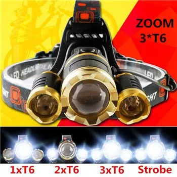 9000Lm 3 XML T6 Zoom LED Headlight Headlamp 4 Modes Zoomable Adjust Head Lamp Torch light 2x18650 Battery Charger