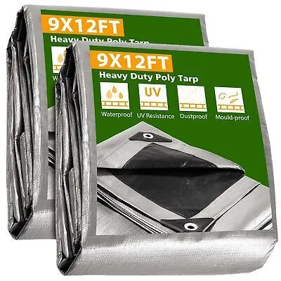 9x12 Ft 2 Pack Waterproof Poly Tarp Heavy Duty 10-mil Tarpaulin Outdoor Cover
