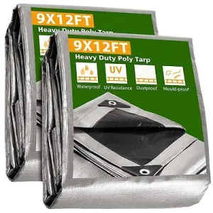 9x12 Ft 2 Pack Waterproof Poly Tarp Heavy Duty 10-mil Tarpaulin Outdoor Cover