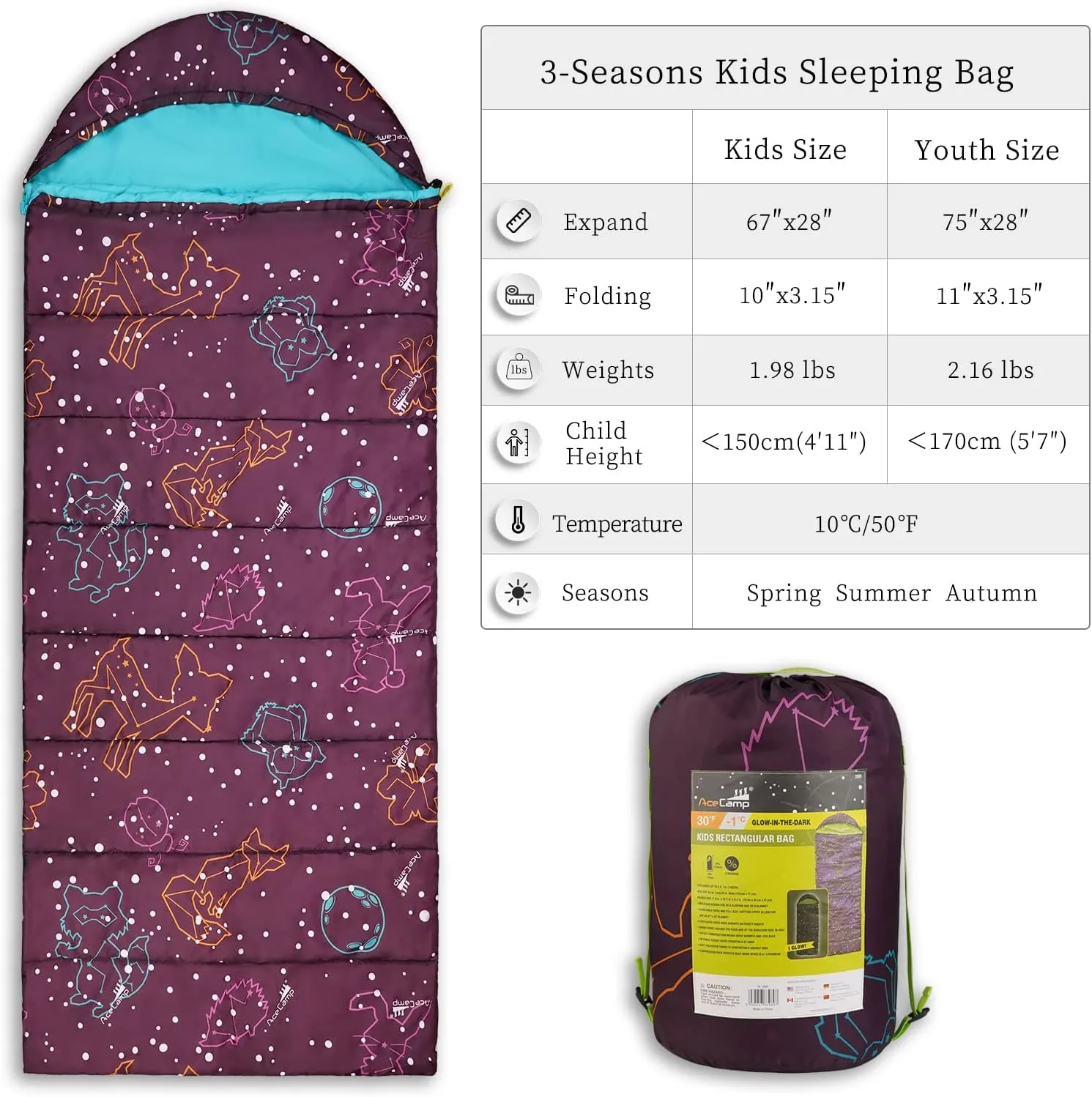 AceCamp Kids Sleeping Bag, Glow-in-The-Dark Sleeping Bag for Kids and Youth, Portable Water-Resistant Kids Sleeping Bag, Temp Rating 30F/ -1℃, for Camping, Hiking, Slumber Party
