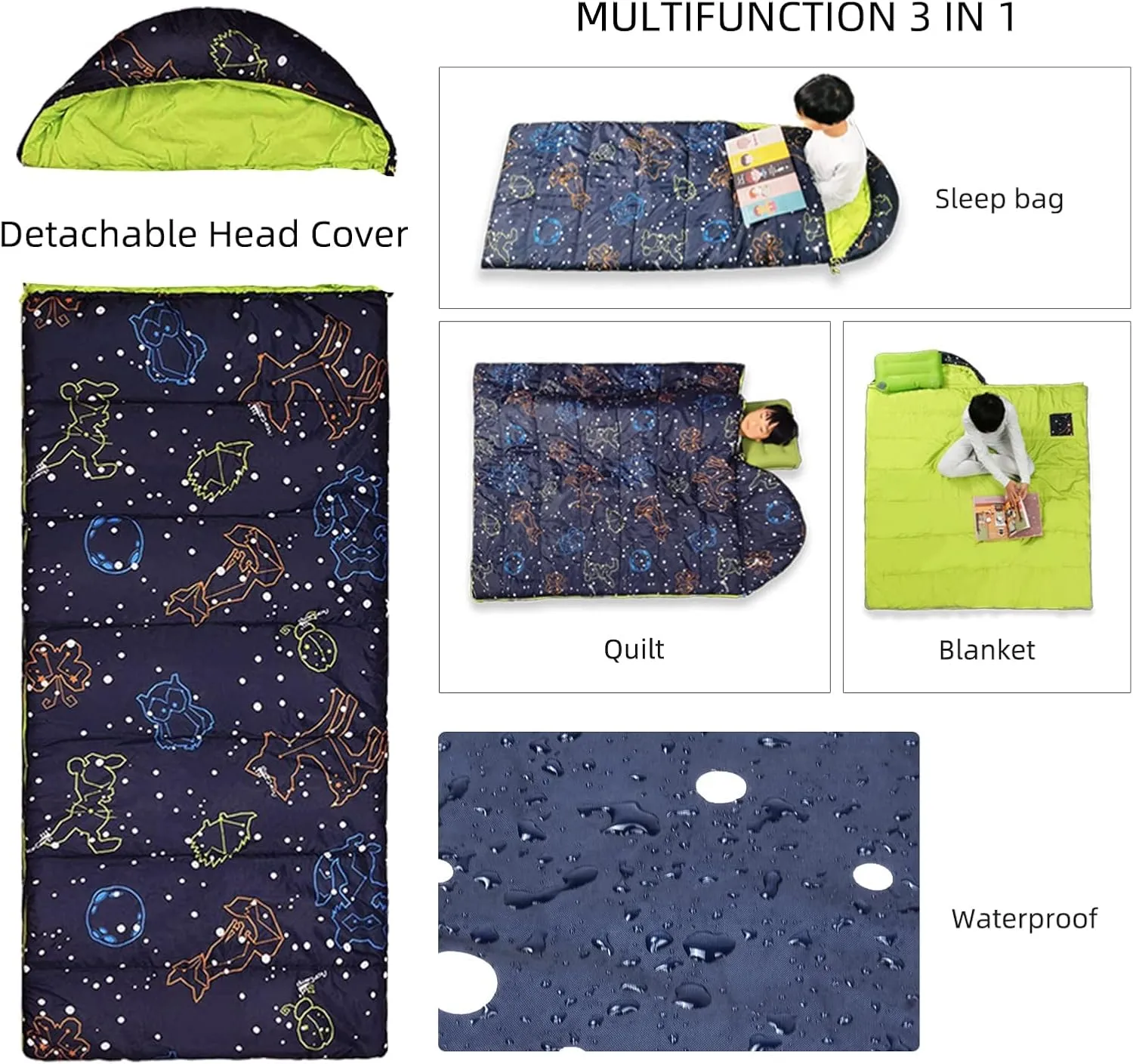 AceCamp Kids Sleeping Bag, Glow-in-The-Dark Sleeping Bag for Kids and Youth, Portable Water-Resistant Kids Sleeping Bag, Temp Rating 30F/ -1℃, for Camping, Hiking, Slumber Party
