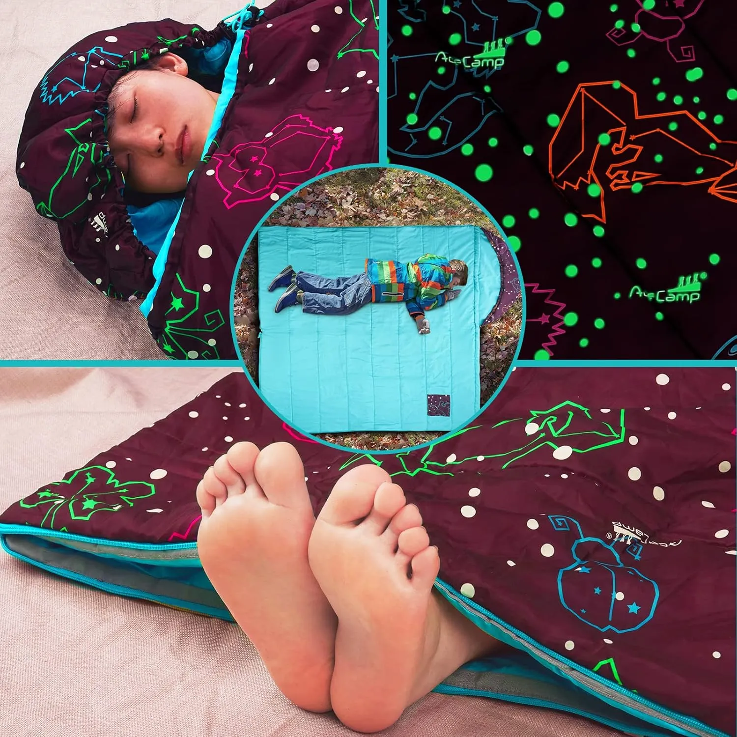 AceCamp Kids Sleeping Bag, Glow-in-The-Dark Sleeping Bag for Kids and Youth, Portable Water-Resistant Kids Sleeping Bag, Temp Rating 30F/ -1℃, for Camping, Hiking, Slumber Party
