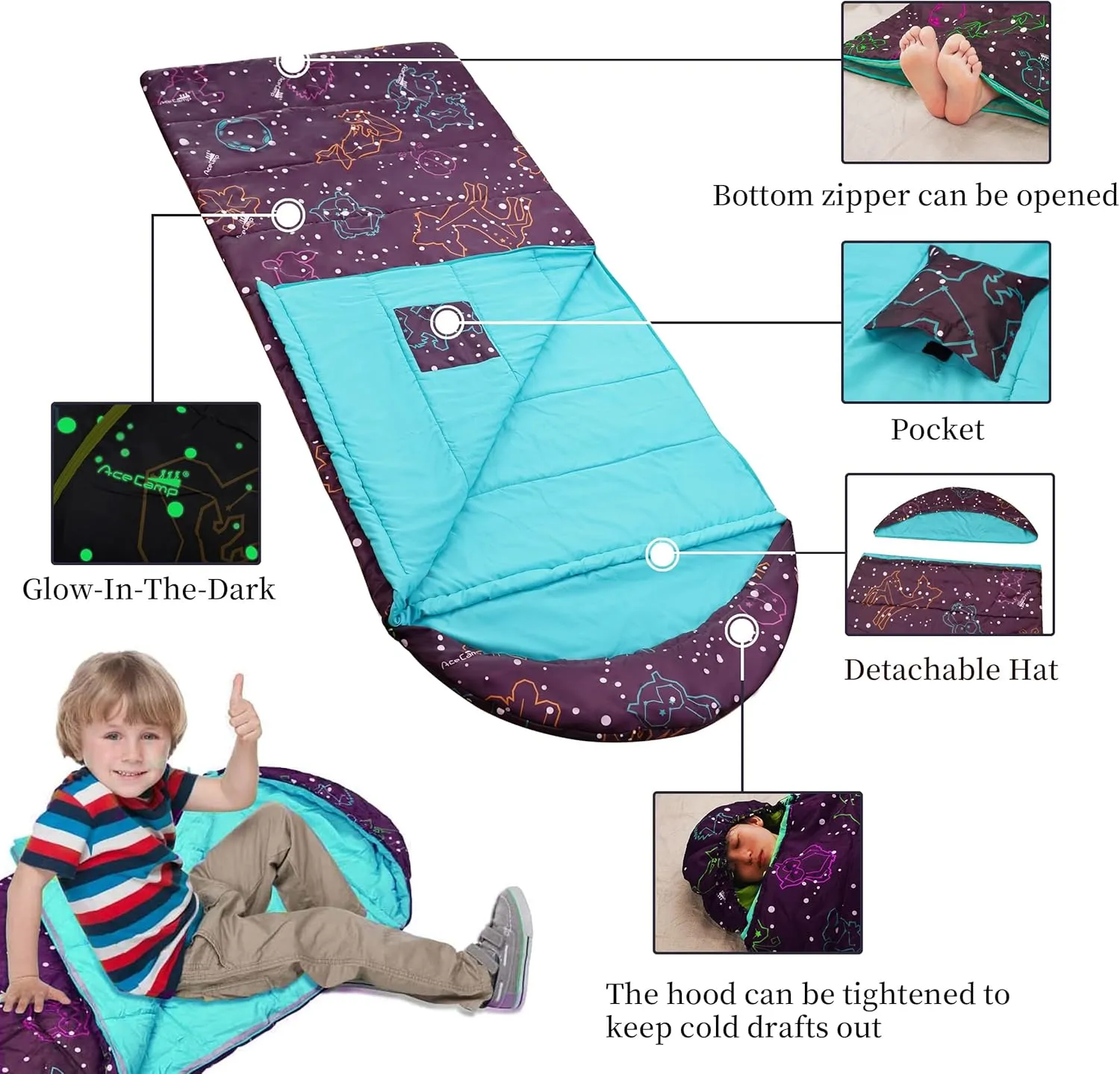 AceCamp Kids Sleeping Bag, Glow-in-The-Dark Sleeping Bag for Kids and Youth, Portable Water-Resistant Kids Sleeping Bag, Temp Rating 30F/ -1℃, for Camping, Hiking, Slumber Party