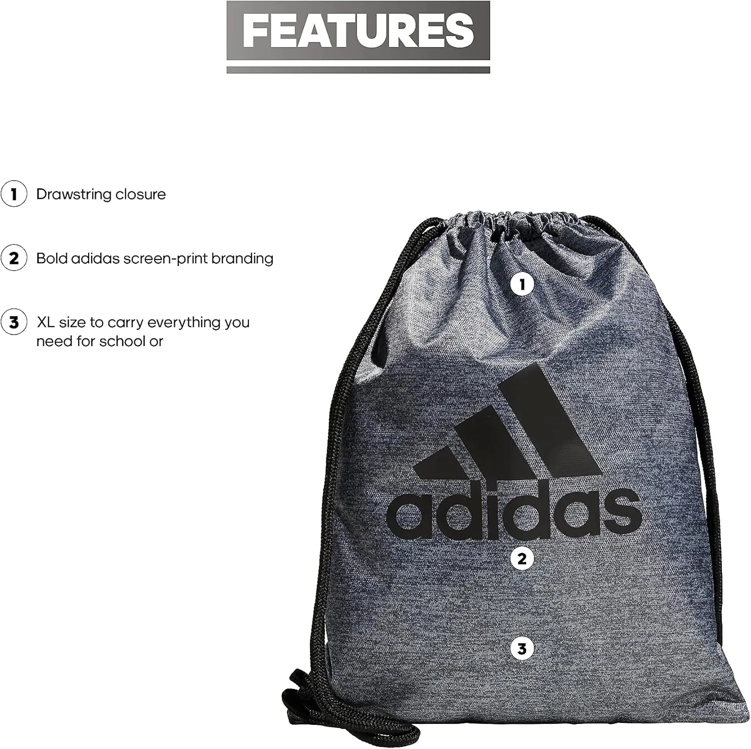 adidas Tournament 3.0 Sackpack Drawstring Bag Lightweight Backpack, Jersey Onix Grey/Black, One Size