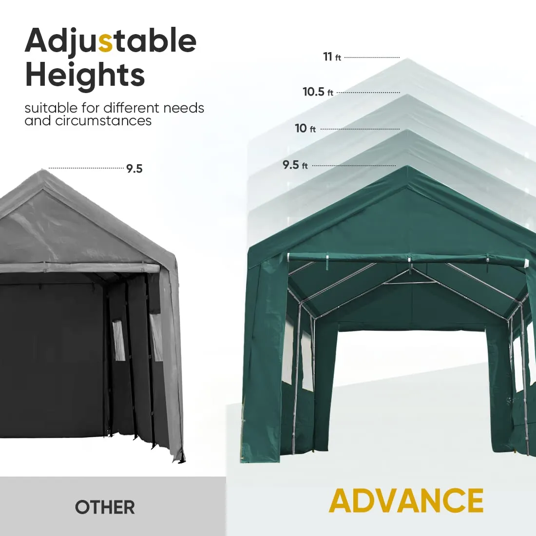 ADVANCE OUTDOOR 10x20 ft Heavy Duty Carport with Removable Window Sidewalls and Doors, Adjustable Height Car Canopy Garage Party Tent Boat Shelter with Reinforced Poles, Green