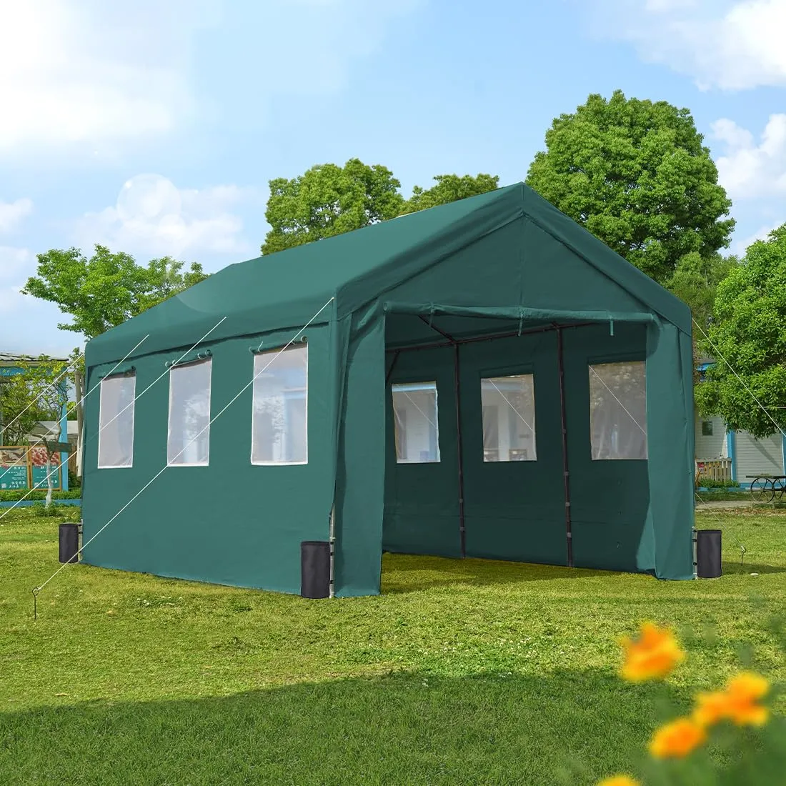 ADVANCE OUTDOOR 10x20 ft Heavy Duty Carport with Removable Window Sidewalls and Doors, Adjustable Height Car Canopy Garage Party Tent Boat Shelter with Reinforced Poles, Green