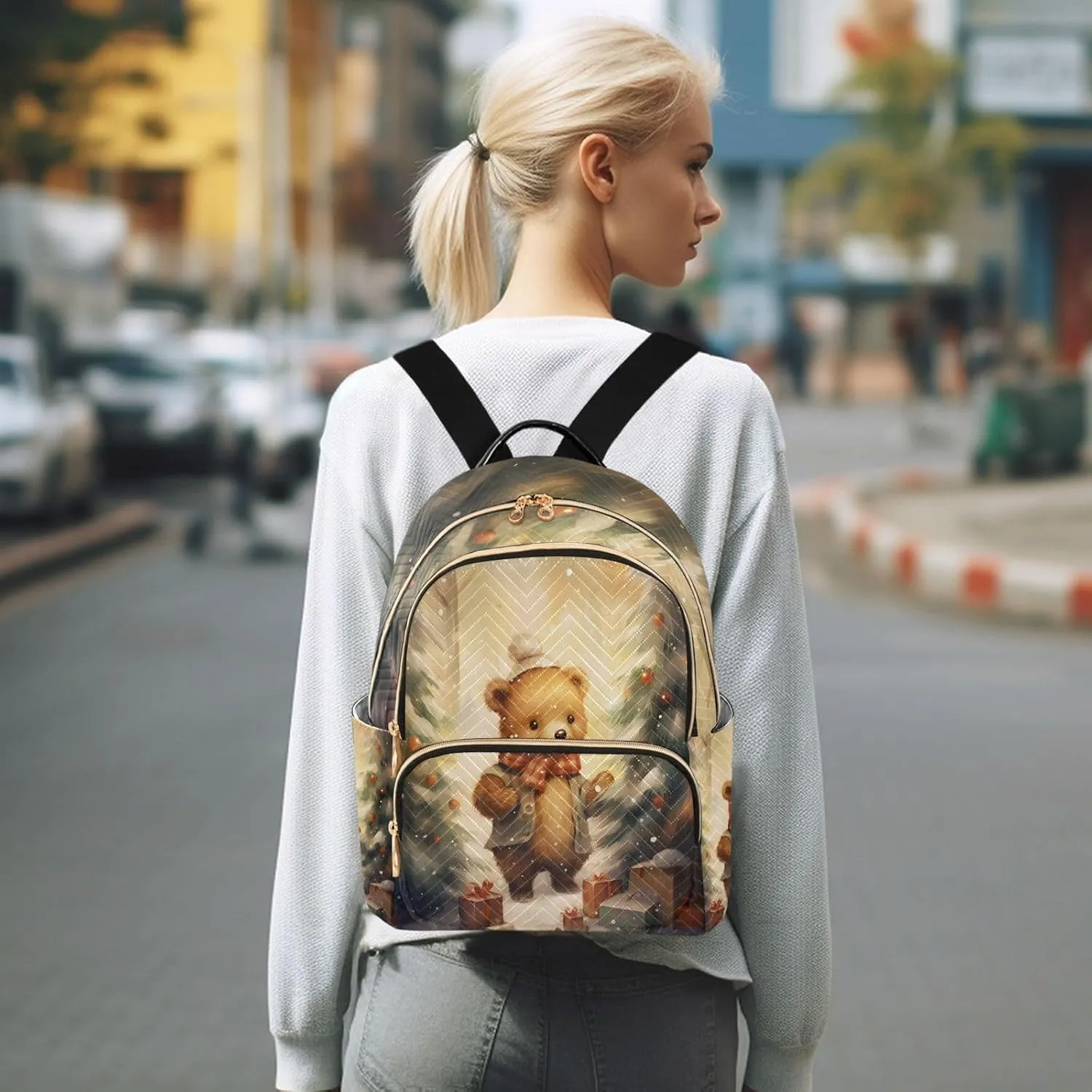 ALAZA Christmas Cute Bear Winter Small Backpack Purse for Women Travel Bag Lightweight Shoulder Bag Fashion Daypack