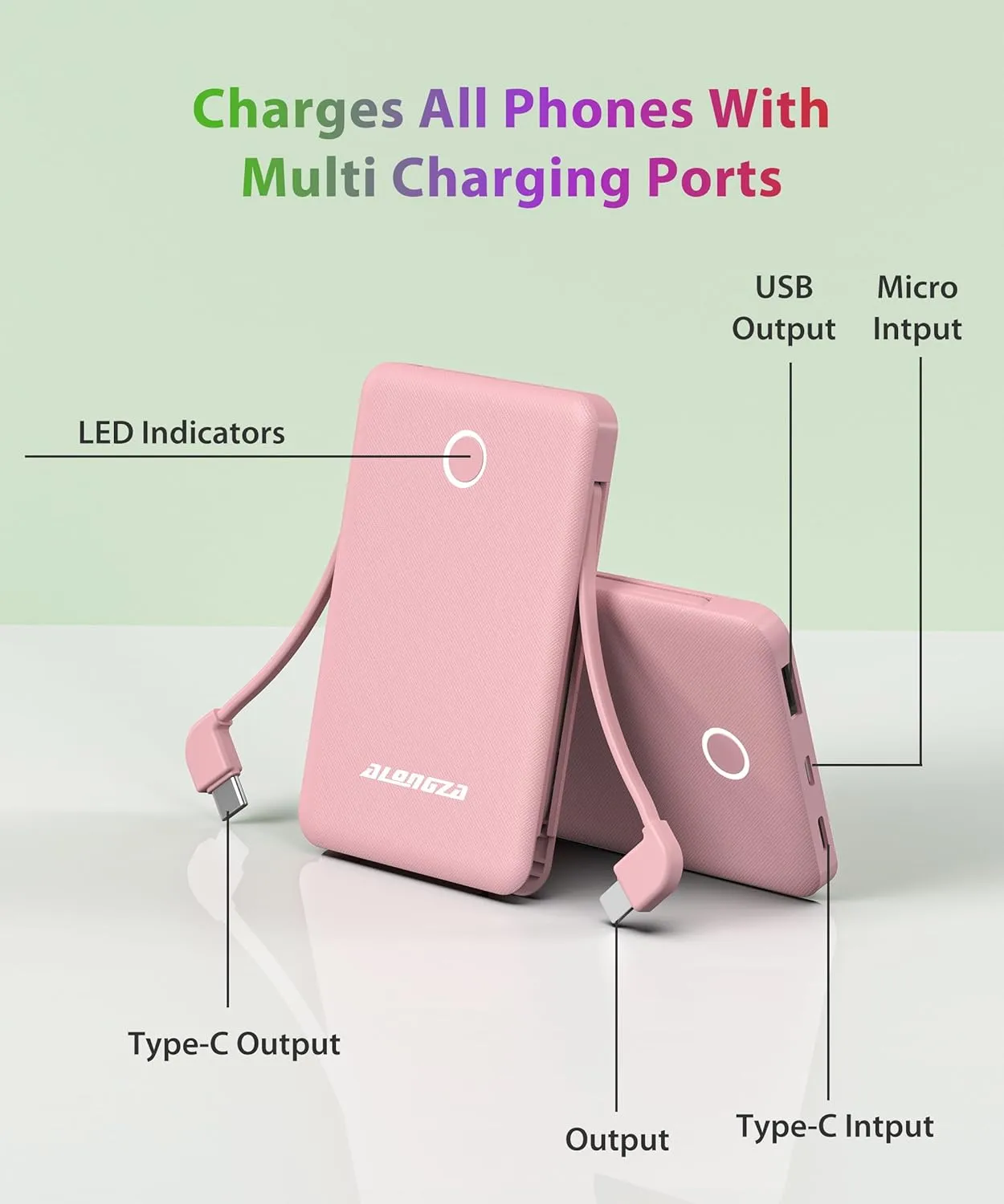 Alongza Small Portable Charger 6000mAh Power Bank with Built in Cables Ultra Slim Battery Pack Lightweight Cluch Phone Charger External Battery Charger for Cell Phones