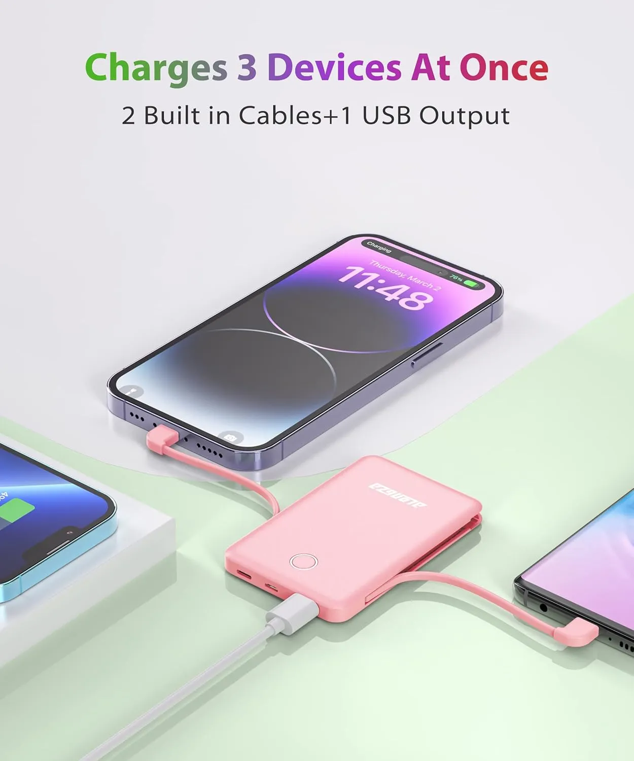 Alongza Small Portable Charger 6000mAh Power Bank with Built in Cables Ultra Slim Battery Pack Lightweight Cluch Phone Charger External Battery Charger for Cell Phones