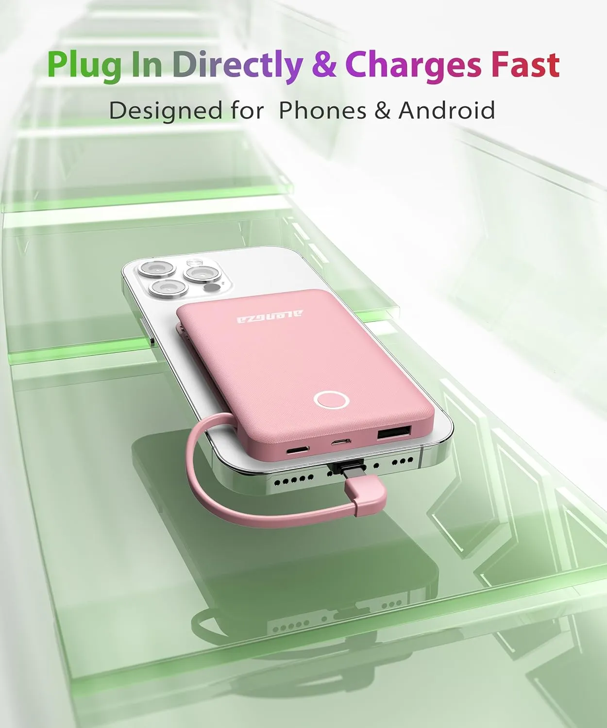 Alongza Small Portable Charger 6000mAh Power Bank with Built in Cables Ultra Slim Battery Pack Lightweight Cluch Phone Charger External Battery Charger for Cell Phones