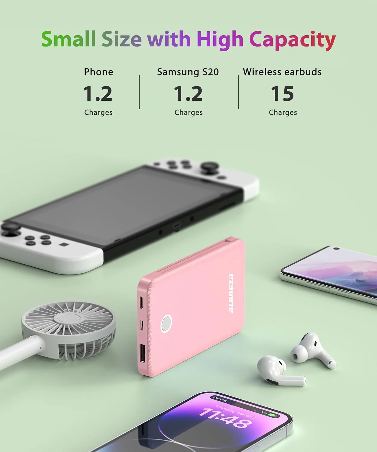 Alongza Small Portable Charger 6000mAh Power Bank with Built in Cables Ultra Slim Battery Pack Lightweight Cluch Phone Charger External Battery Charger for Cell Phones
