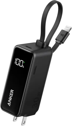 ANKER 3-in-1 Power Bank, 5,000mAh Portable Charger with Built-in Lightning Cable and Foldable AC Plug, 30W Max Compact Battery Pack, for iPhone 14 Series, Galaxy, MacBook, and More