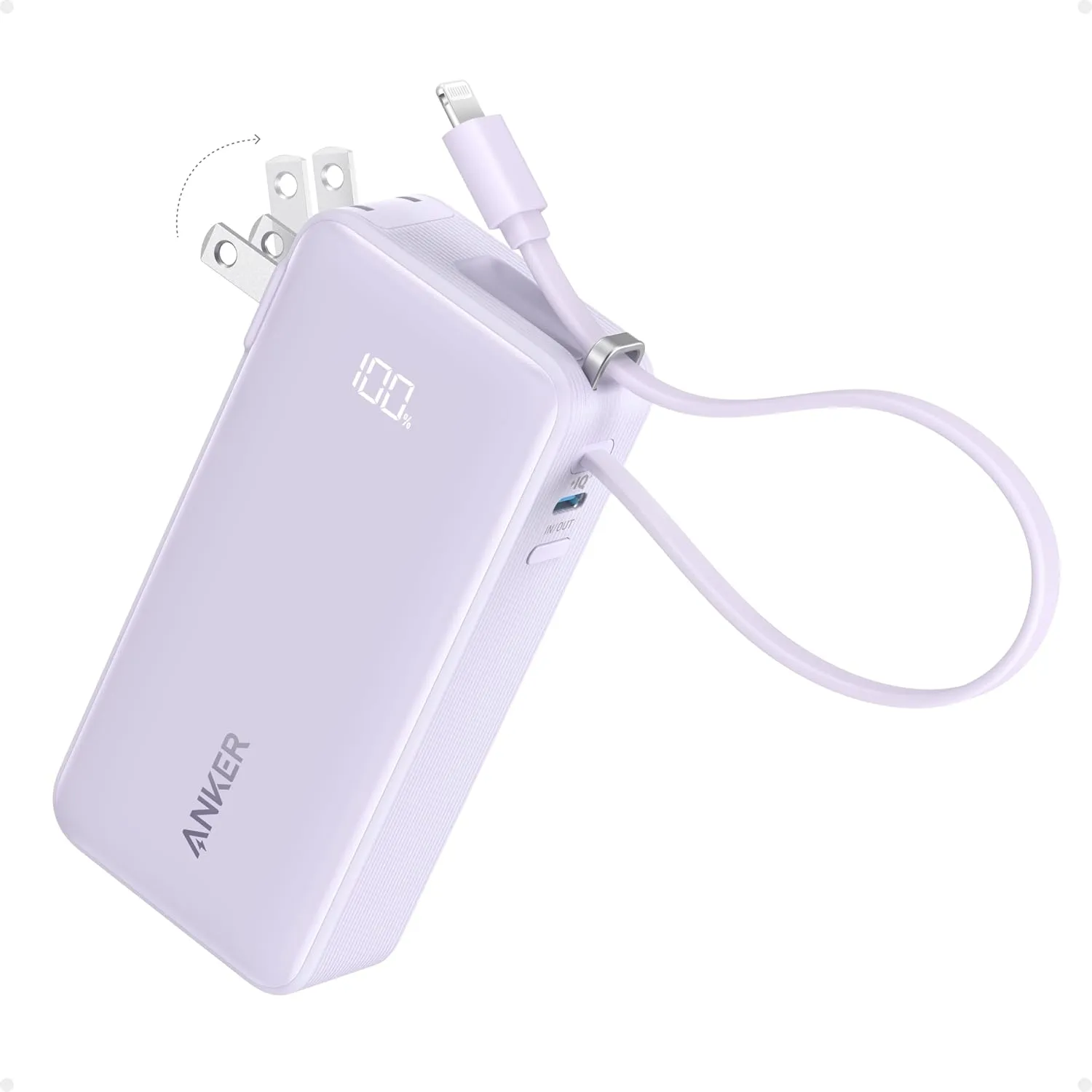 ANKER Nano 3-in-1 Power Bank, Foldable AC Plug, 10,000mAh, 30W Two-Way Fast Charging, Built-in Lightning Cable (Not for iPhone 16/15 Series), Compatible with iPhone 14 Series, AirPods, and More