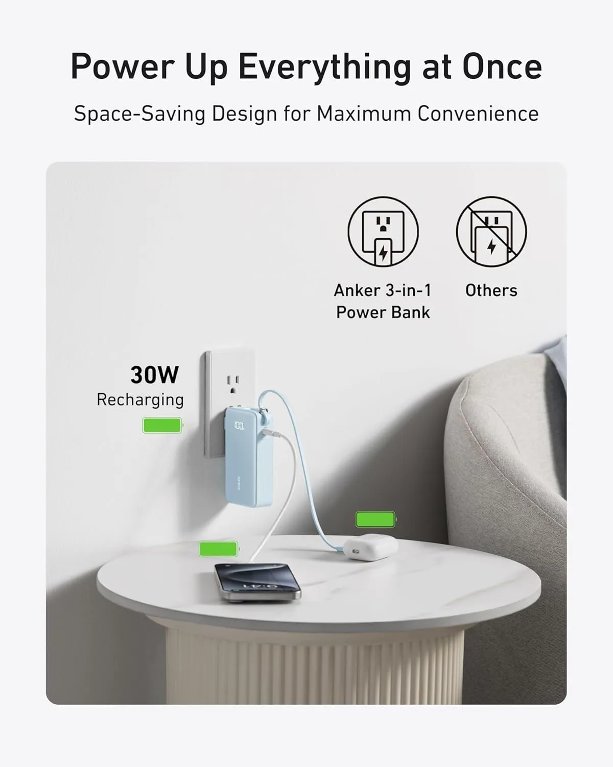 ANKER Nano 3-in-1 Power Bank, Foldable AC Plug, 10,000mAh, 30W Two-Way Fast Charging, Built-in Lightning Cable (Not for iPhone 16/15 Series), Compatible with iPhone 14 Series, AirPods, and More