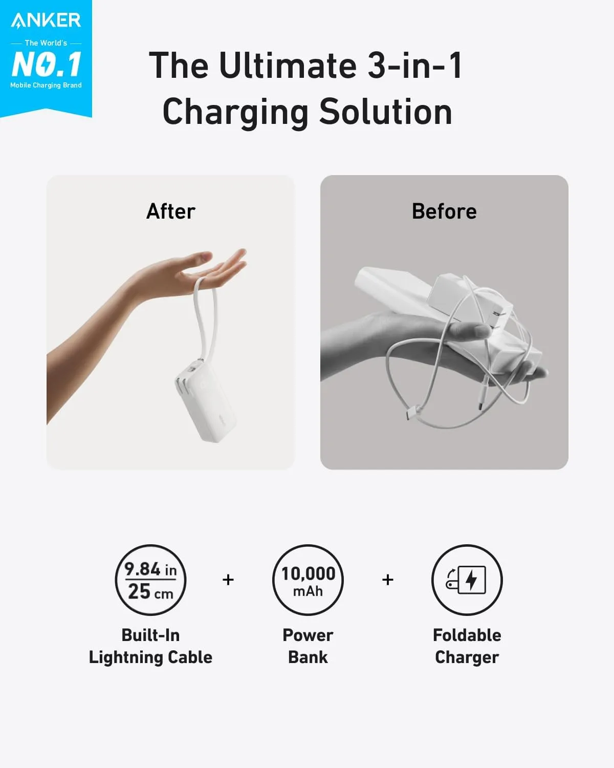 ANKER Nano 3-in-1 Power Bank, Foldable AC Plug, 10,000mAh, 30W Two-Way Fast Charging, Built-in Lightning Cable (Not for iPhone 16/15 Series), Compatible with iPhone 14 Series, AirPods, and More