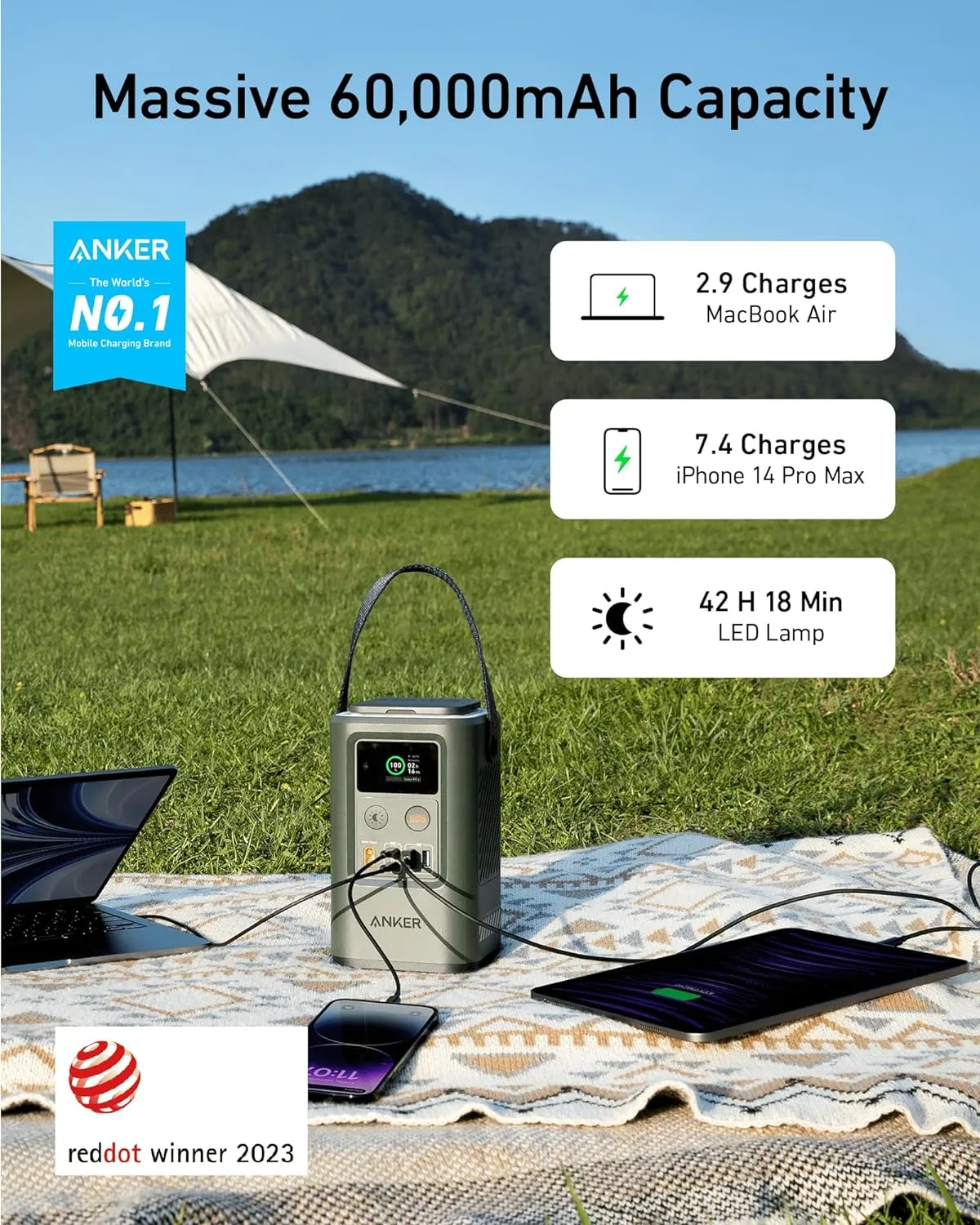 ANKER Power Bank Power Station 60,000mAh,Portable Outdoor Generator 87W with Smart Digital Display, Retractable Auto Lighting and SOS Mode, Home Backup(PowerCore Reserve 192Wh) for Travel, Camping