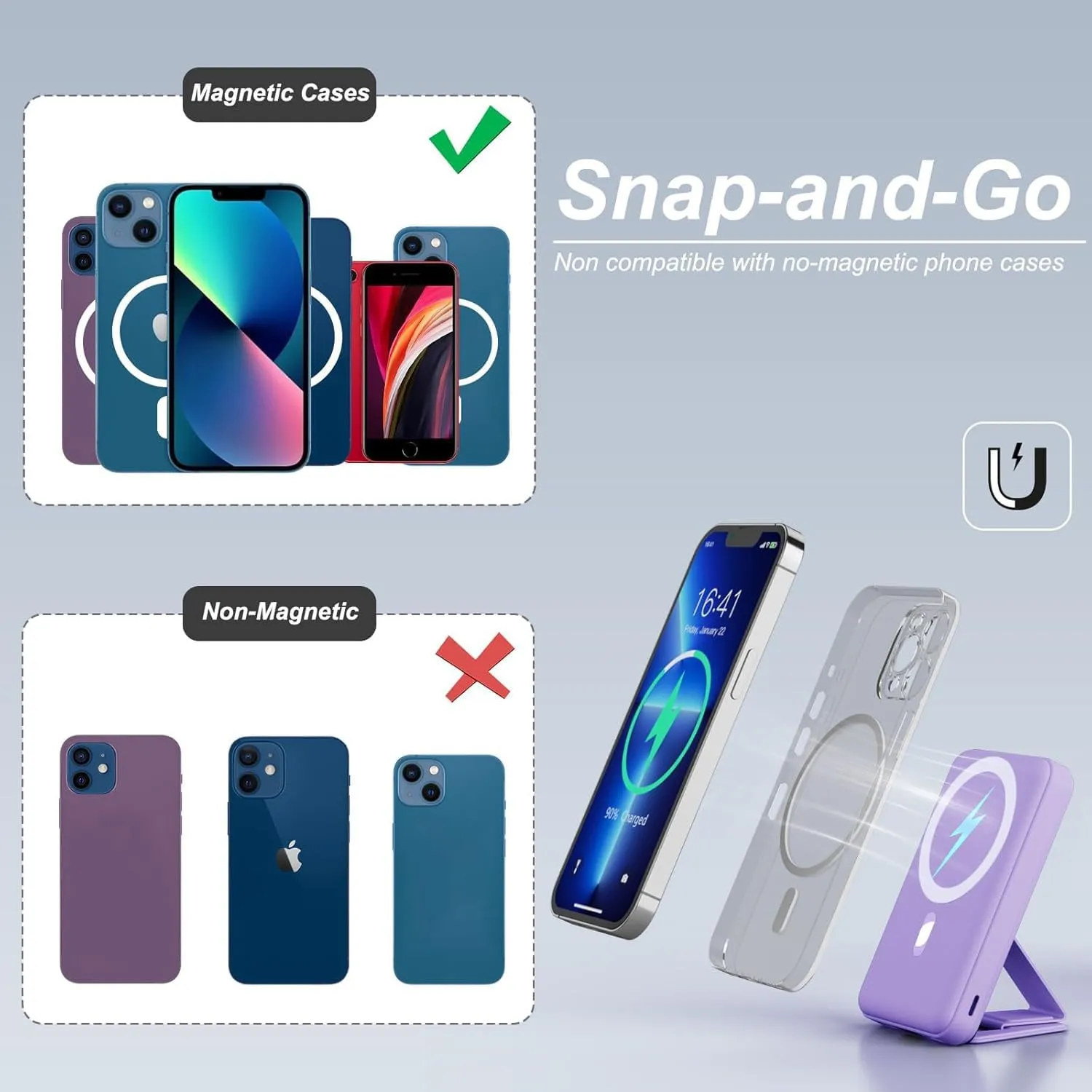 AOGUERBE Magnetic Power Bank, 10000mAh Foldable Wireless Portable Charger with USB-C Cable LED Display for iPhone 15/14/13/12 Pro/Pro Max/Plus/Mini (Violet)