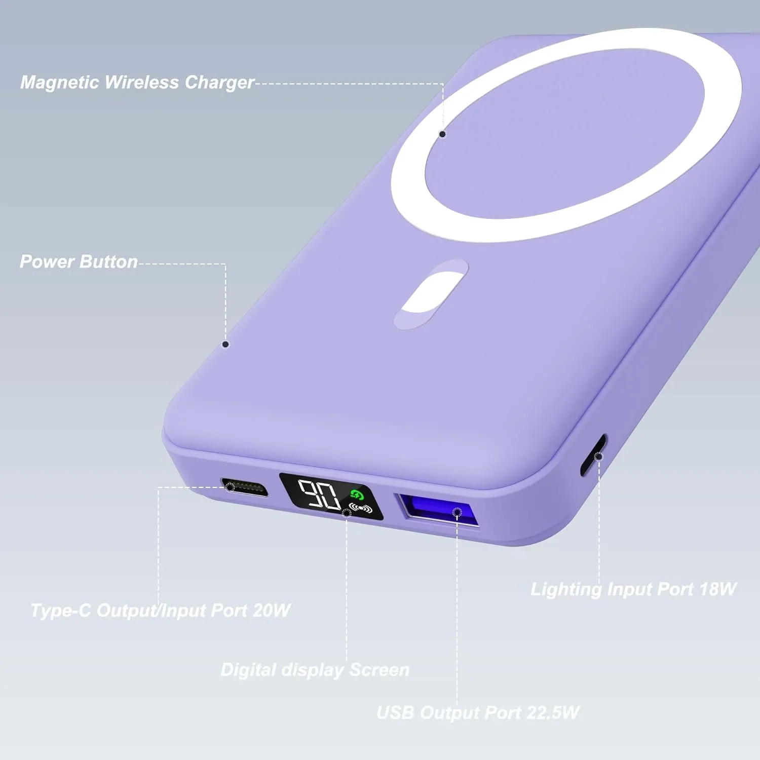 AOGUERBE Magnetic Power Bank, 10000mAh Foldable Wireless Portable Charger with USB-C Cable LED Display for iPhone 15/14/13/12 Pro/Pro Max/Plus/Mini (Violet)