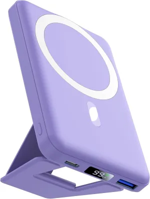 AOGUERBE Magnetic Power Bank, 10000mAh Foldable Wireless Portable Charger with USB-C Cable LED Display for iPhone 15/14/13/12 Pro/Pro Max/Plus/Mini (Violet)