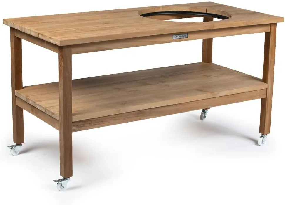 Ash & Ember Grade A Teak Ceramic Grill Table, 22" Diameter Opening Fits L Big Green Egg, BGE, Kamado Joe, Weather Resistant Tightly Spaced Slats, Storage Shelf and Locking Caster Wheels