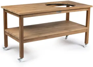 Ash & Ember Grade A Teak Ceramic Grill Table, 22" Diameter Opening Fits L Big Green Egg, BGE, Kamado Joe, Weather Resistant Tightly Spaced Slats, Storage Shelf and Locking Caster Wheels